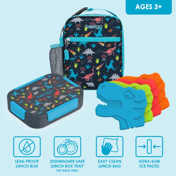 Dinosaur Bentgo Snap & Go Lunch Box, Insulated Lunch Tote, & Ice Packs Kids' Lunch Set USA | 916274FMU