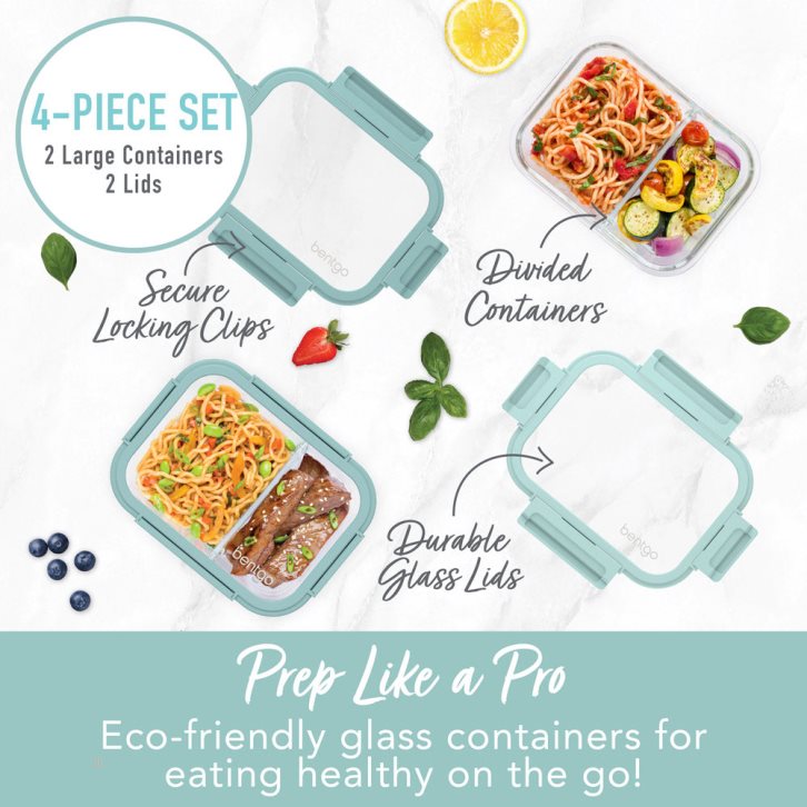 Seafoam/Seaglass Bentgo Glass Leak-Proof Meal Prep Set (4pc) Adults Meal Prep Containers USA | 980657CNH